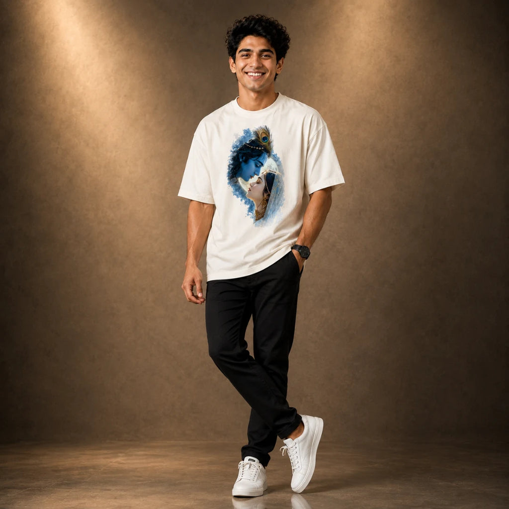 Excello Men's Divine Radha Krishna Graphic Oversized T-Shirt - 240 GSM Pure Cotton, Bio-Washed