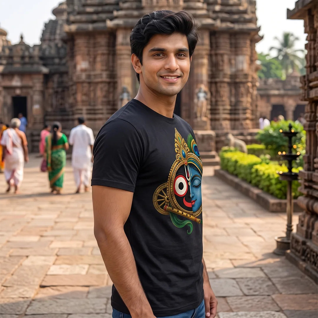 Men's Pure Cotton Lord Jagannath & Sri Krishna Fusion Graphic Printed T-Shirt