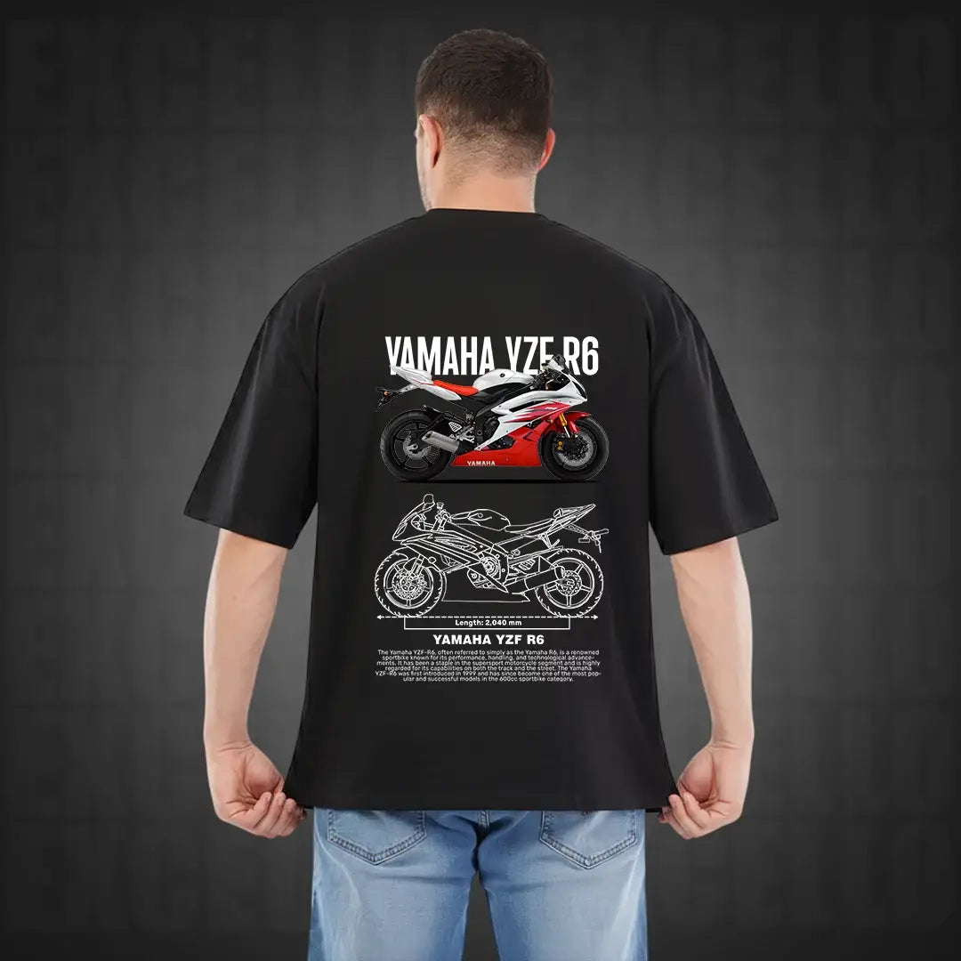 Yamaha YZF R6 Oversized Black T-Shirt for Men - Premium 240 GSM Rich Cotton Biker Graphic Tee