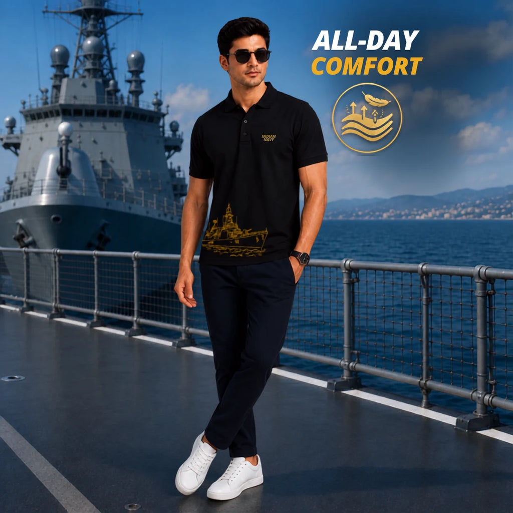 Excello Premium Indian Navy Tribute Polo T-Shirt | 210 GSM Nano Poly Regular Fit