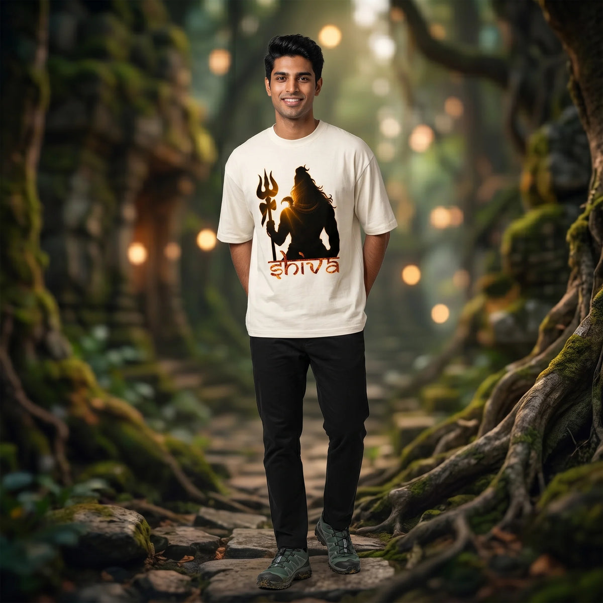 Lord Shiva Trishul Graphic Printed Oversized T-Shirt | Premium 240 GSM Pure Cotton Breathable Devotional Tee