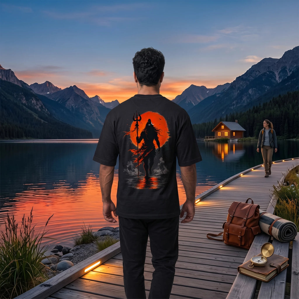 Lord Shiva Mahakal Graphic Printed Oversized T-Shirt | Premium 240 GSM Pure Cotton Breathable Dual-Print Devotional Tee