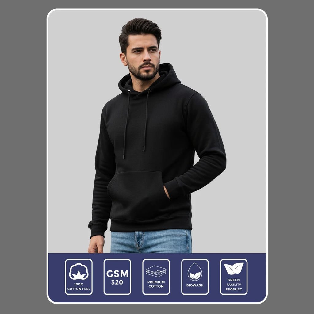 Men's Premium Solid Hoodie | Classic Regular Fit Cotton Blend Pullover Hoodie with Kangaroo Pocket | Essential Casual Winter Streetwear