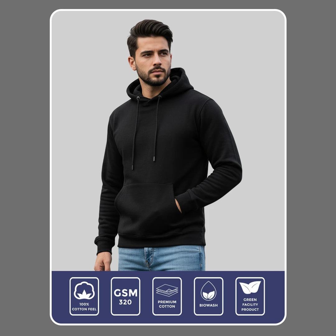 Men's Premium Solid Hoodie | Classic Regular Fit Cotton Blend Pullover Hoodie with Kangaroo Pocket | Essential Casual Winter Streetwear