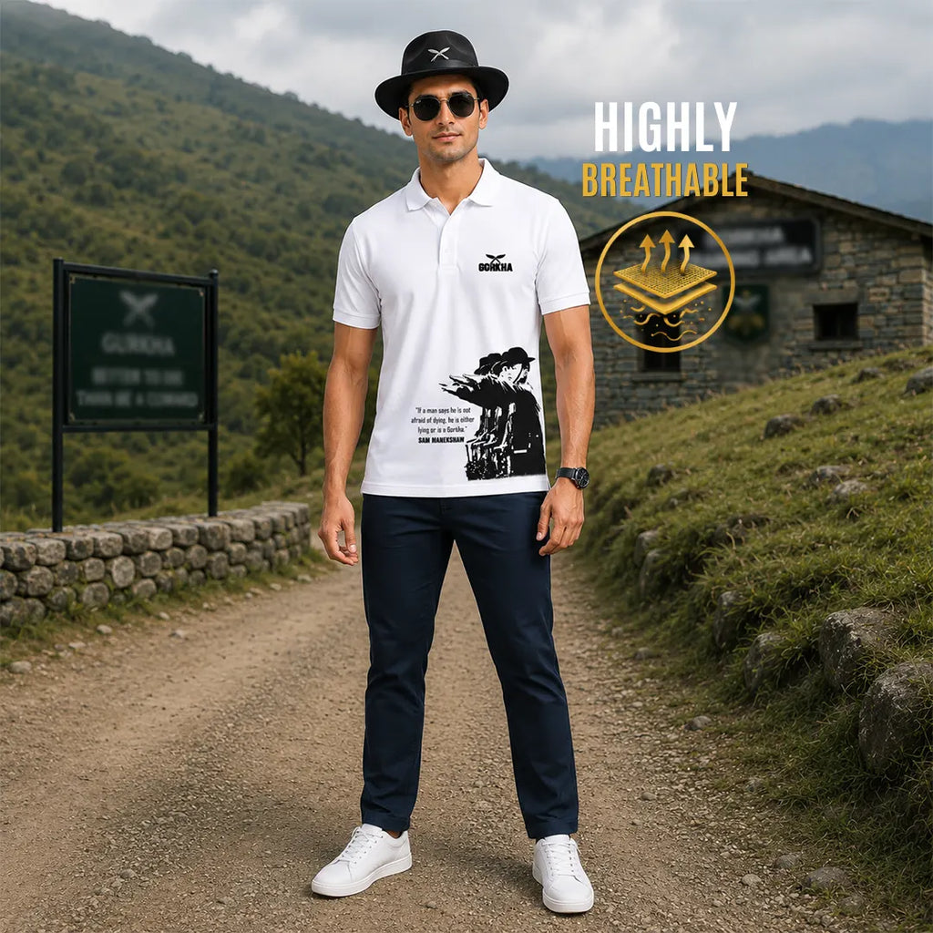 Men's Premium Gorkha Graphic Polo T-Shirt - Sam Manekshaw DTF Print, 210 GSM Nano Poly