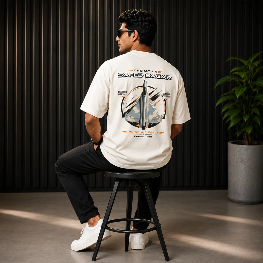 Men's Oversized Graphic T-Shirt - Operation Safed Sagar IAF Tribute, 240 GSM Pure Cotton, Bio-Washed