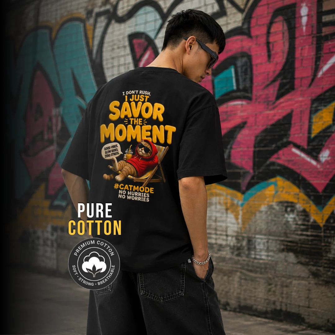 Excello Men's "Savor The Moment" Cat Graphic Oversized T-Shirt - 240 GSM Pure Cotton, Bio-Washed