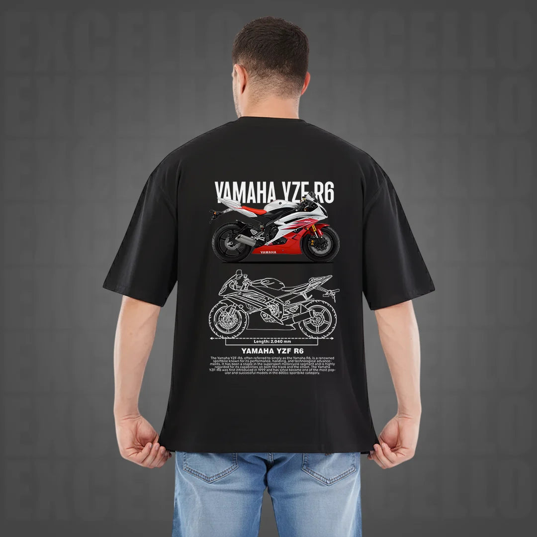 Yamaha YZF R6 Oversized Black T-Shirt for Men - Premium 240 GSM Rich Cotton Biker Graphic Tee