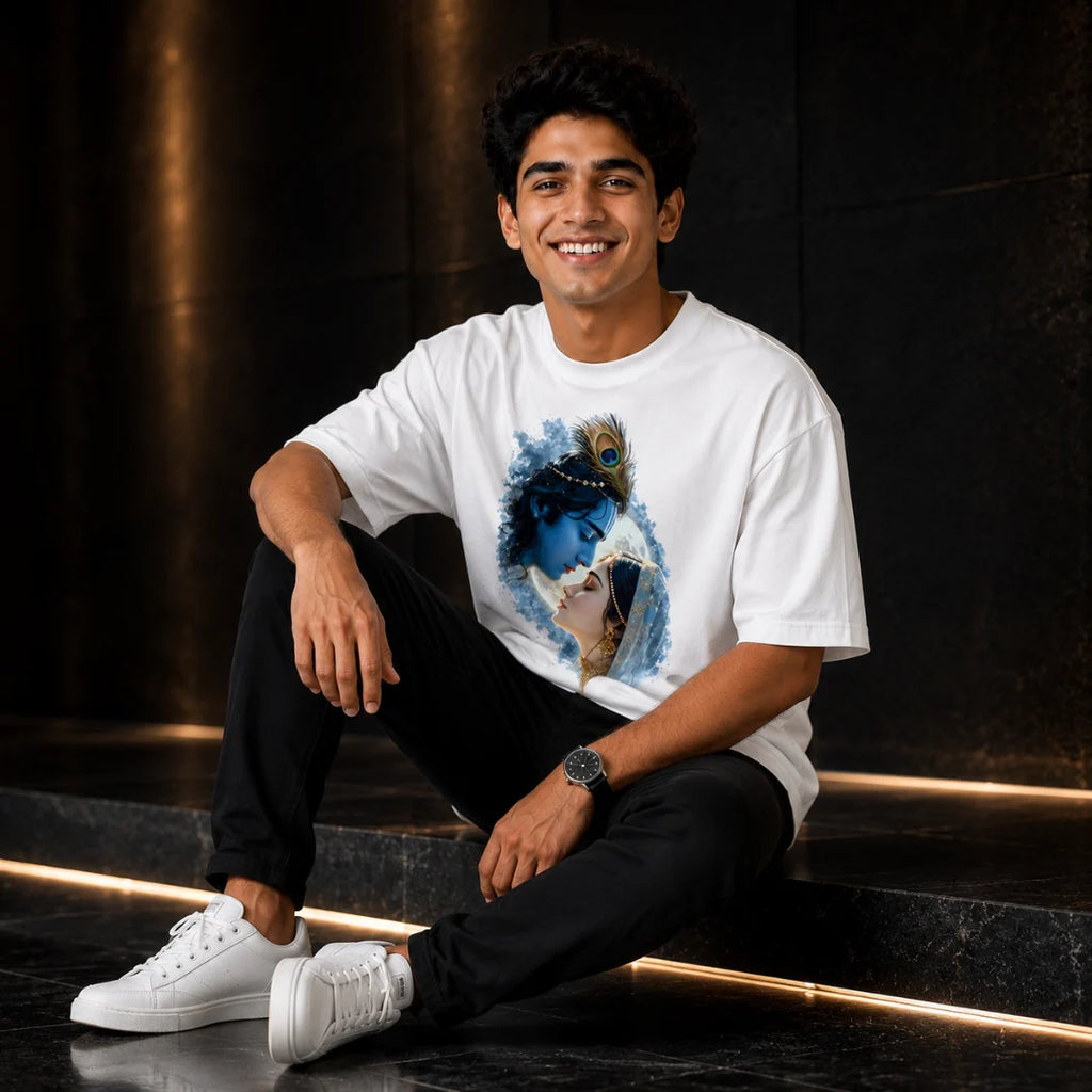 Excello Men's Divine Radha Krishna Graphic Oversized T-Shirt - 240 GSM Pure Cotton, Bio-Washed
