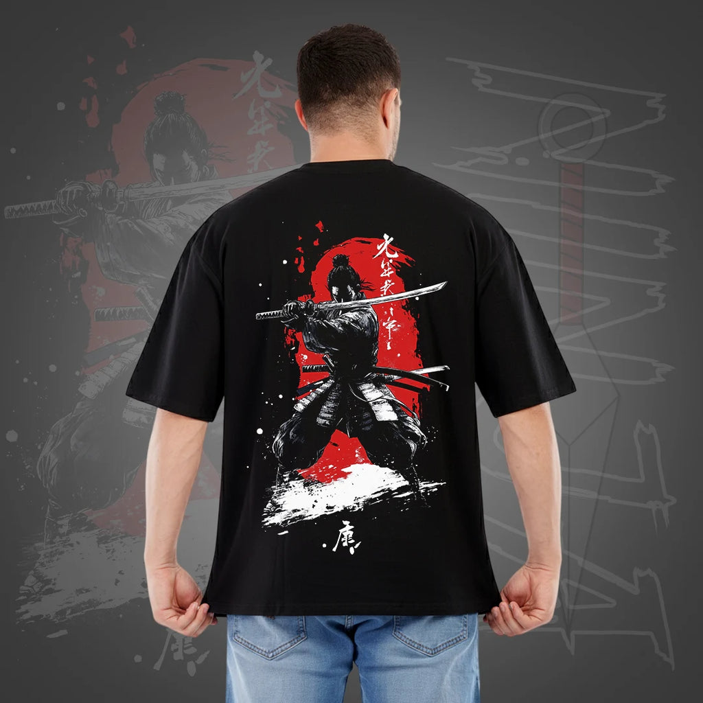 Men's 100% Pure Cotton Oversized T-Shirt – Black Streetwear Tee with Samurai & Kunai Graphic Print