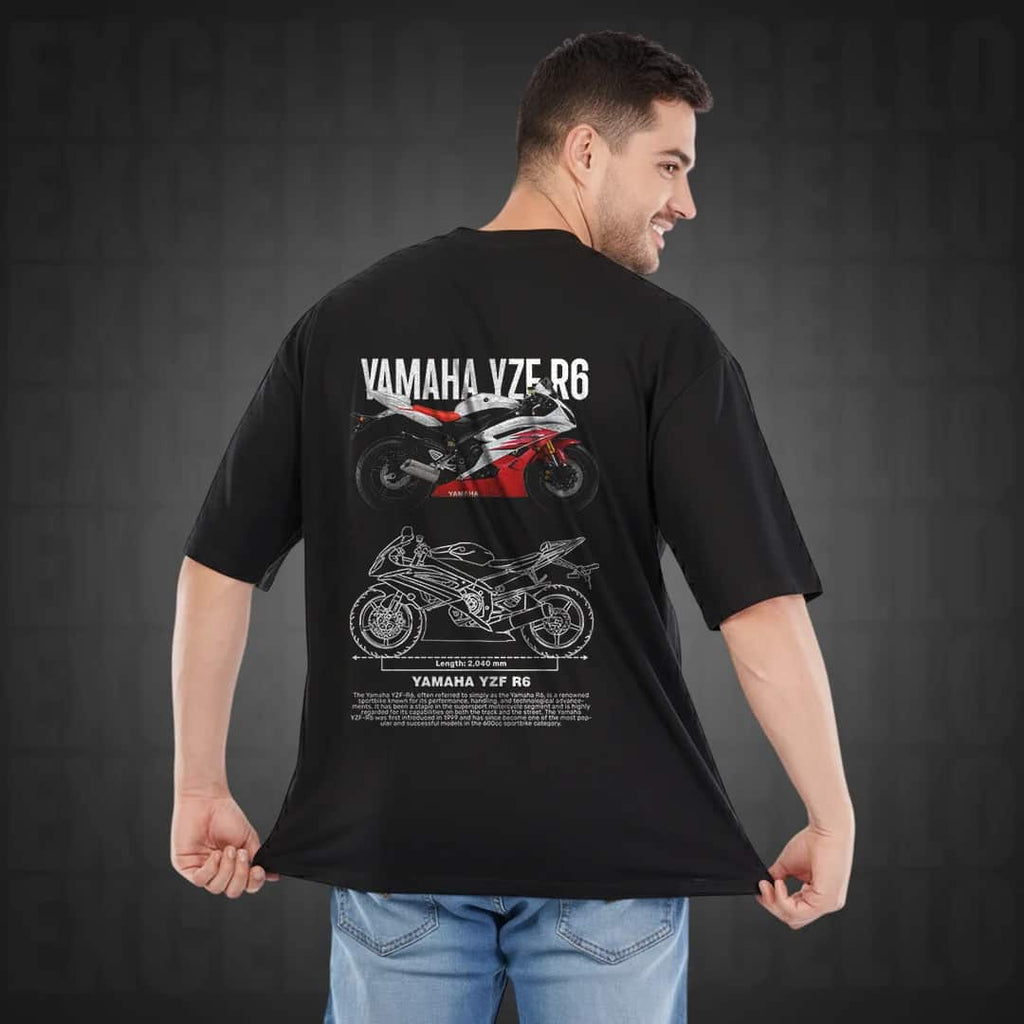 Yamaha YZF R6 Oversized Black T-Shirt for Men - Premium 240 GSM Rich Cotton Biker Graphic Tee