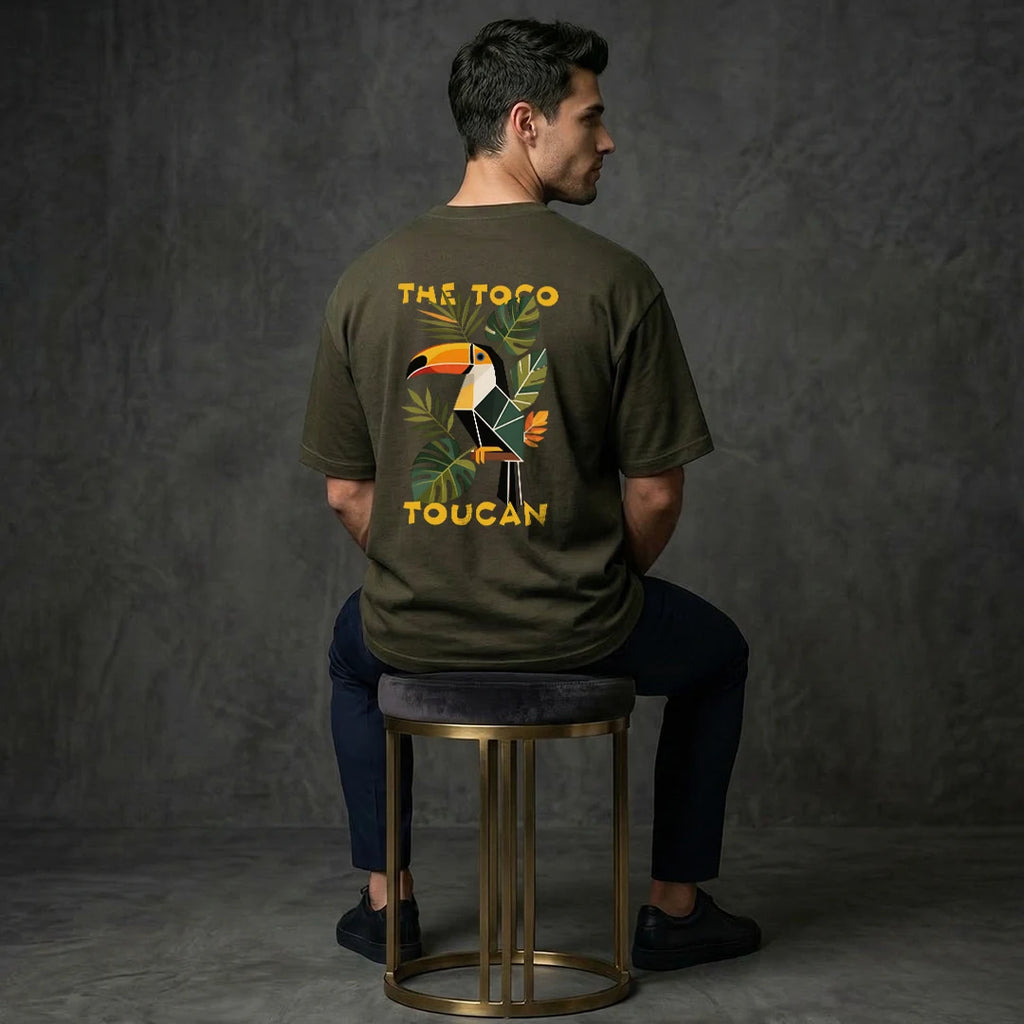 "The Toco Toucan" Tropical Graphic Oversized T-Shirt – Olive Green