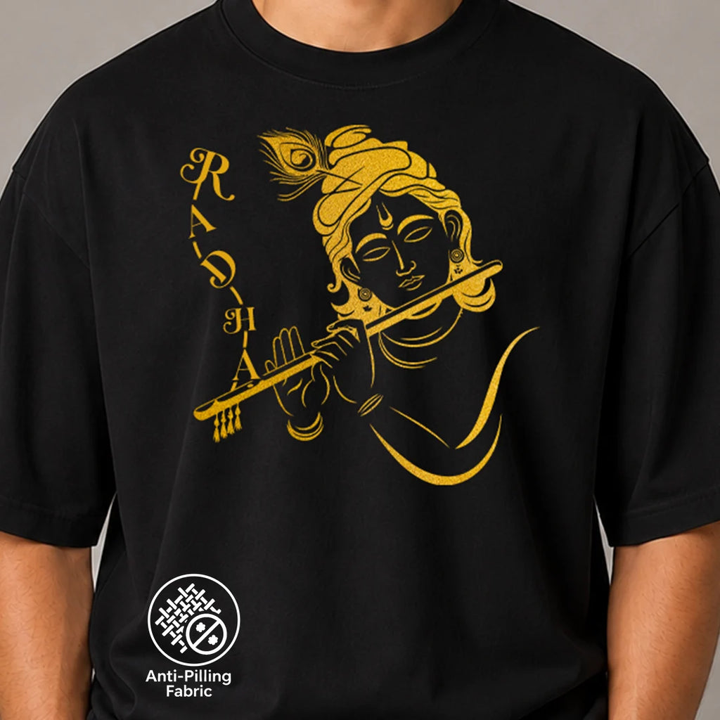 Excello Men's Radha Krishna Line Art Graphic Oversized T-Shirt - 240 GSM Pure Cotton, Bio-Washed