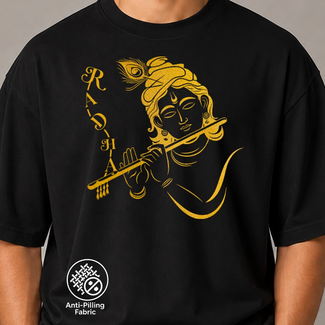 Excello Men's Radha Krishna Line Art Graphic Oversized T-Shirt - 240 GSM Pure Cotton, Bio-Washed