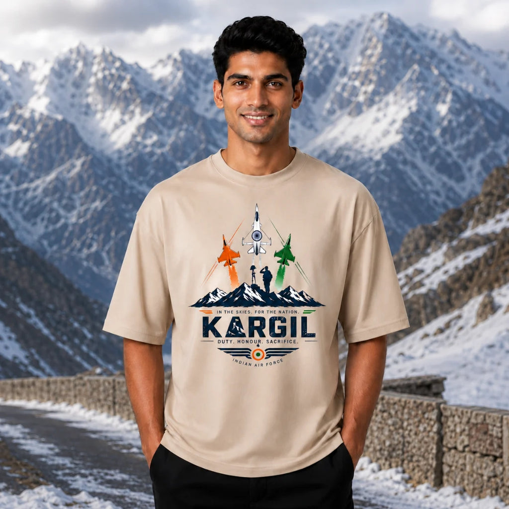 Men's Oversized Graphic T-Shirt - Kargil Indian Air Force Tribute, 240 GSM Pure Cotton, Bio-Washed