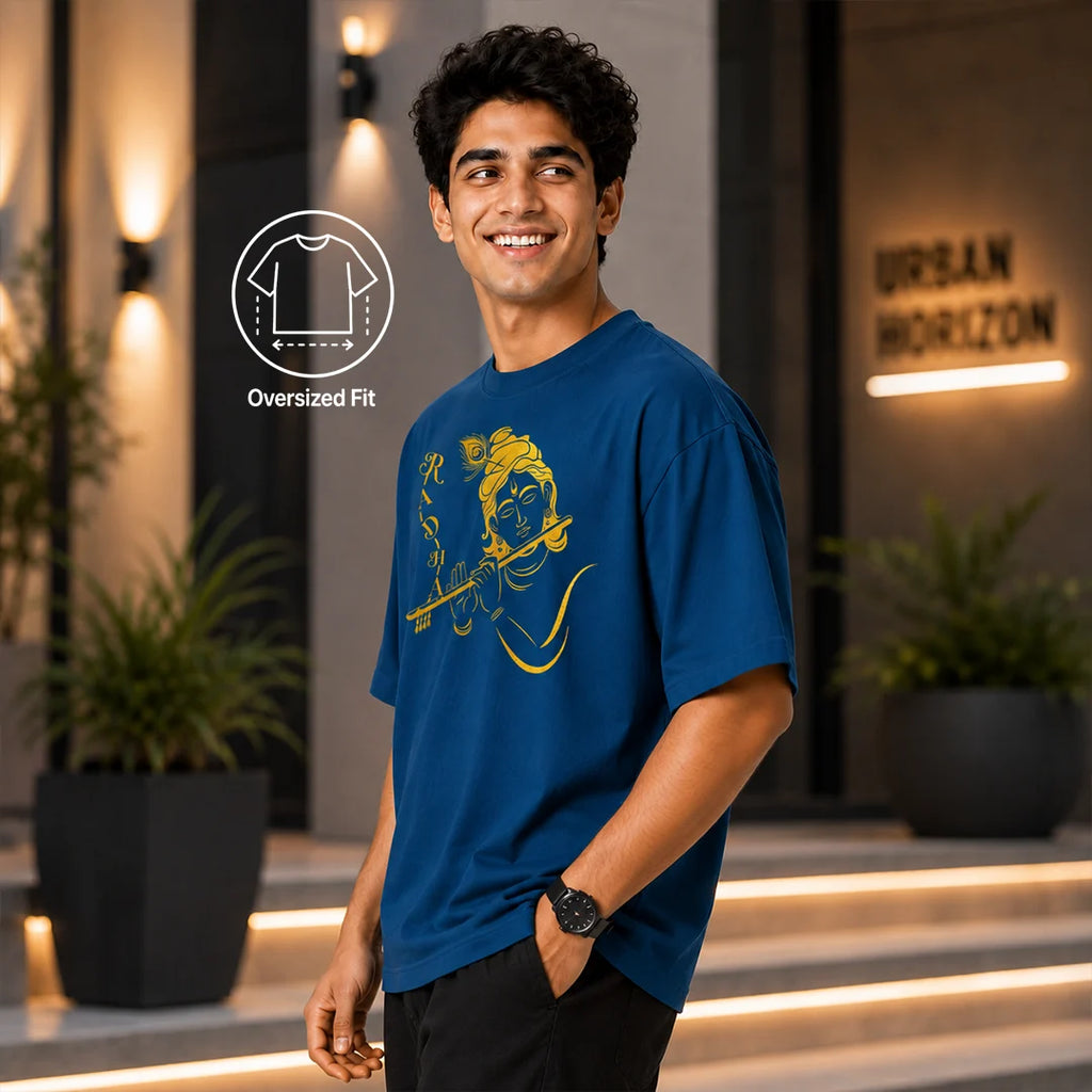 Excello Men's Radha Krishna Line Art Graphic Oversized T-Shirt - 240 GSM Pure Cotton, Bio-Washed