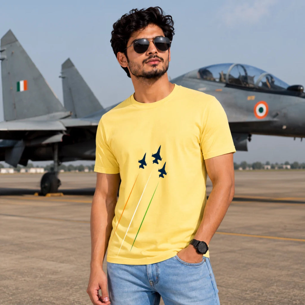 Premium Patriotic Fighter Jet Graphic T-Shirt | 180 GSM Pure Cotton, Bio-Washed Regular Fit