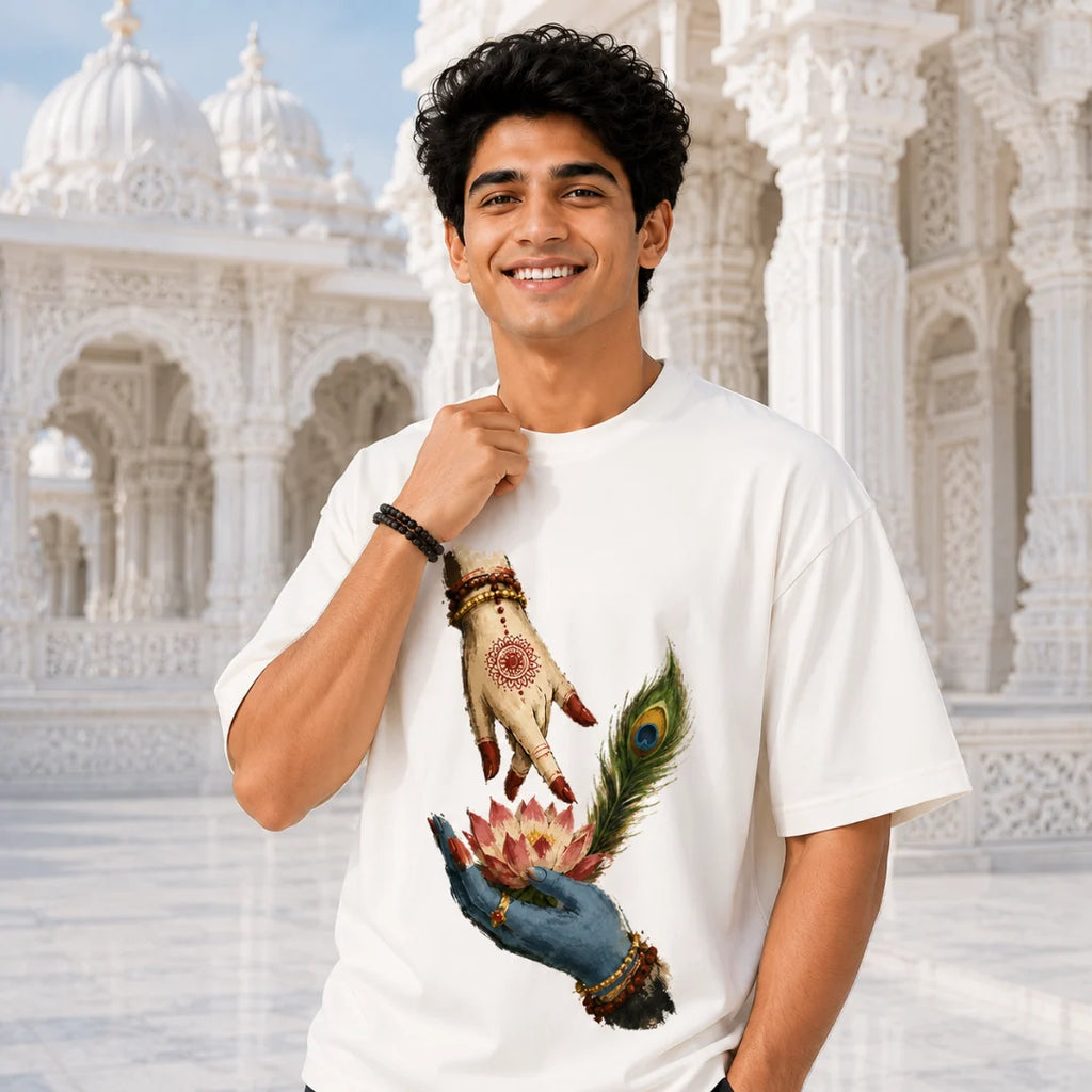 Excello Men's Divine Radha Krishna Lotus Graphic Oversized T-Shirt - 240 GSM Pure Cotton, Bio-Washed