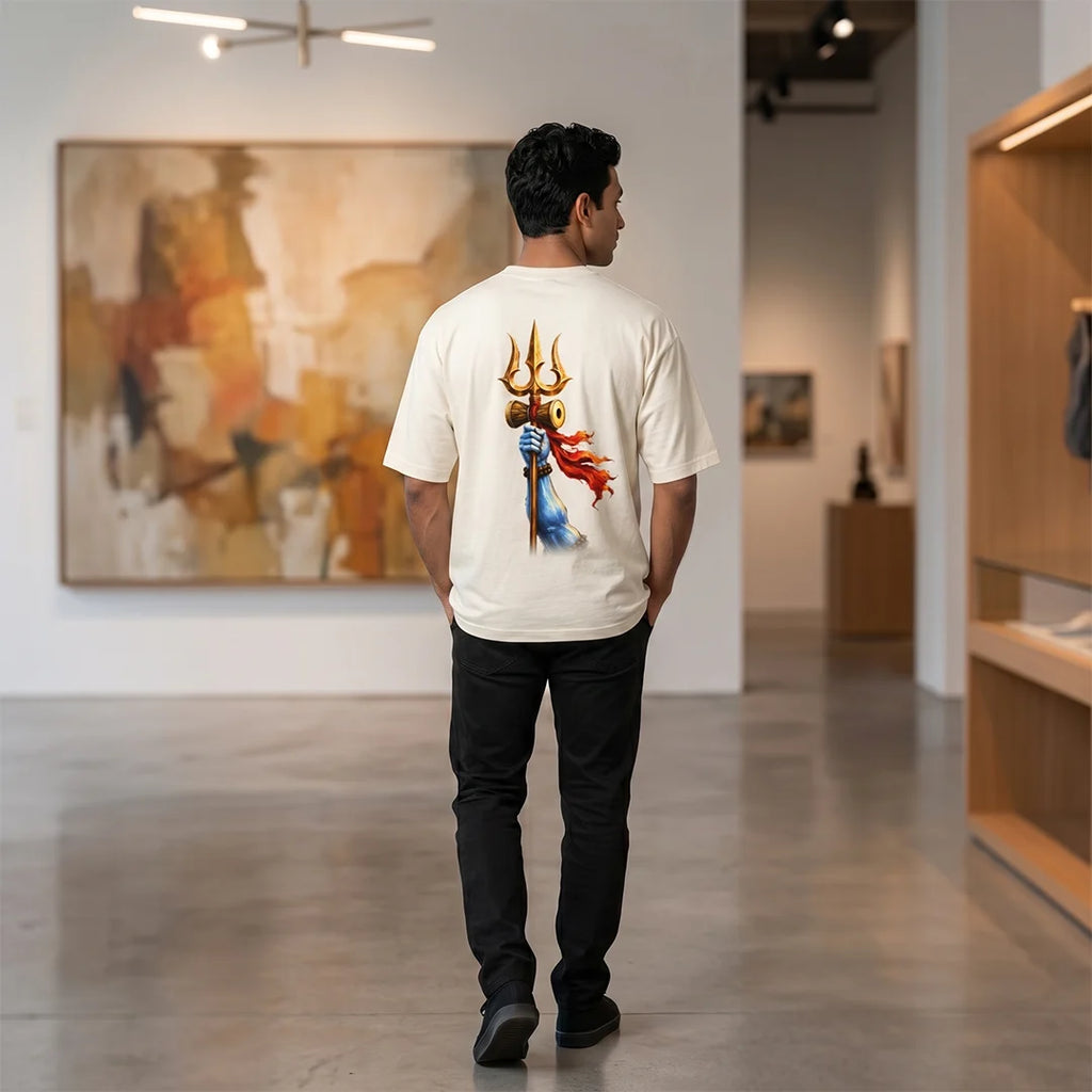 Men's Pure Cotton Oversized Printed T-Shirt | Lord Shiva Mahadev Trishul Graphic Print Drop Shoulder Loose Fit Crew Neck Tee