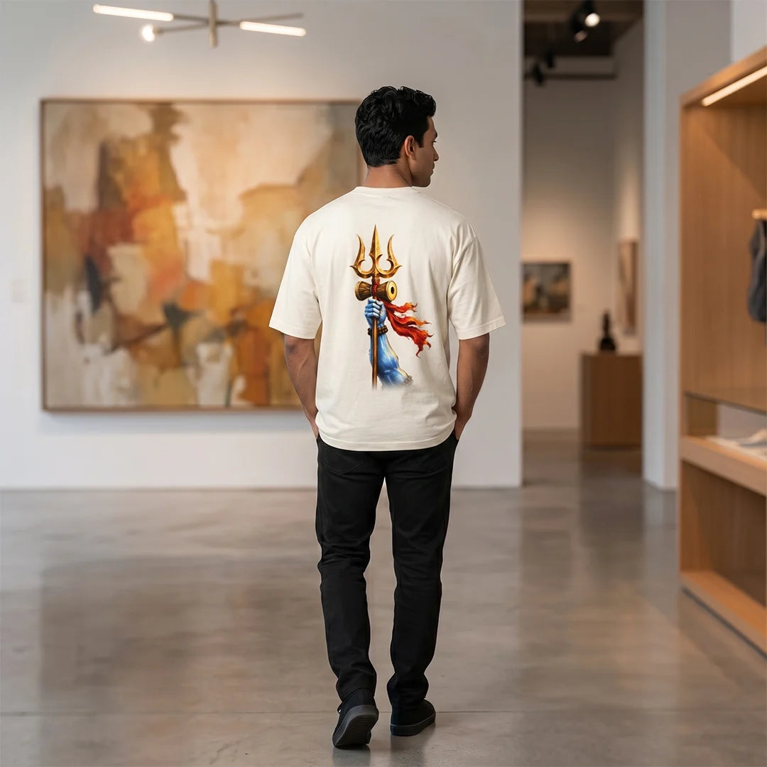 Men's Pure Cotton Oversized Printed T-Shirt | Lord Shiva Mahadev Trishul Graphic Print Drop Shoulder Loose Fit Crew Neck Tee