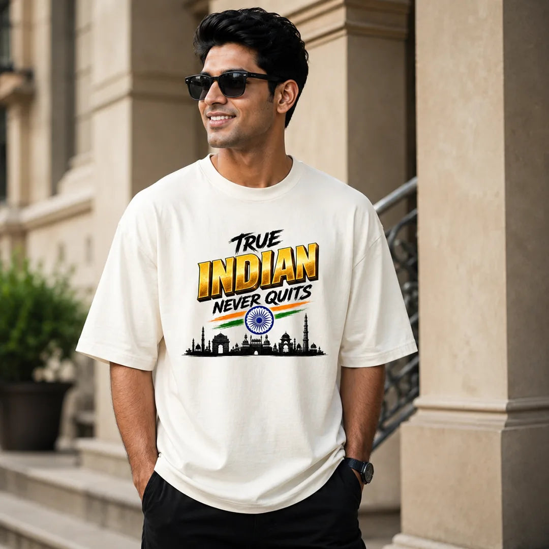 Men's "True Indian Never Quits" Oversized Graphic T-Shirt - 240 GSM Pure Cotton, Bio-Washed