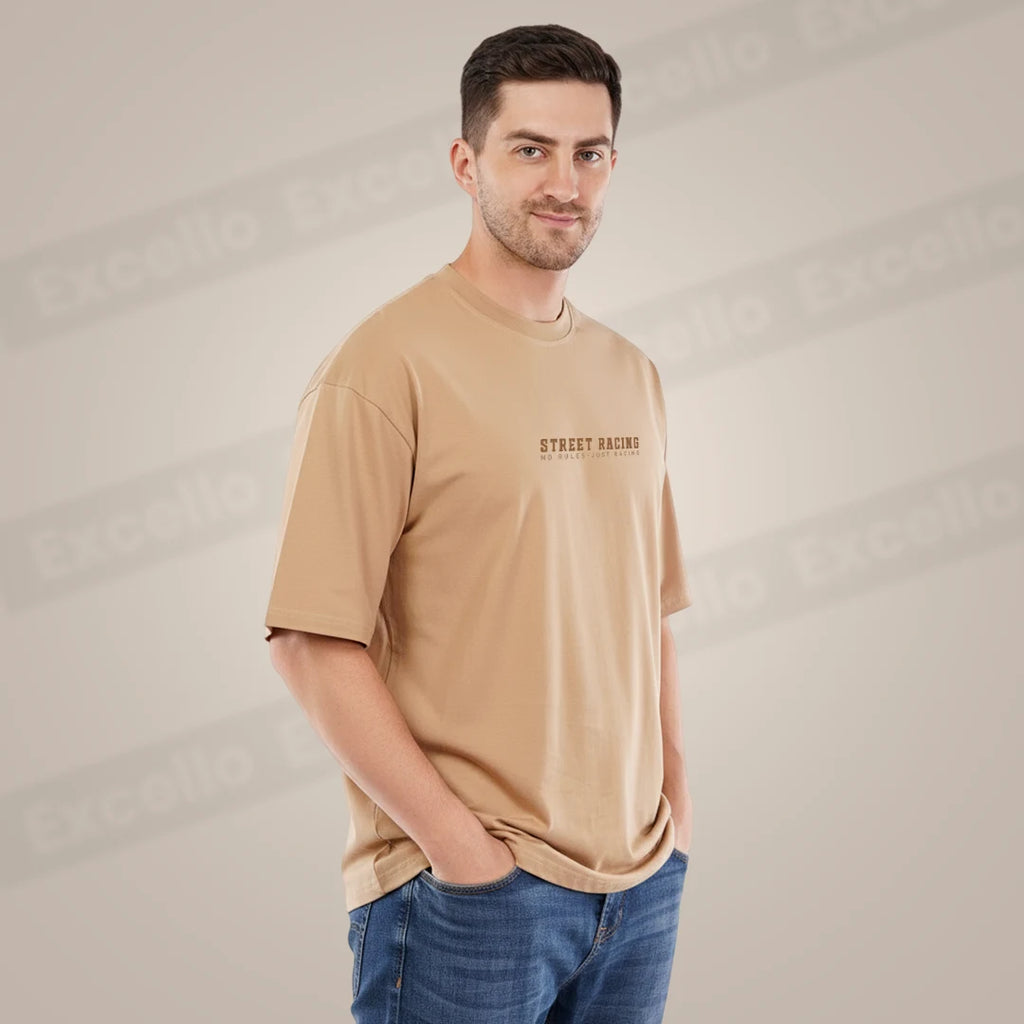 Men’s Oversized "Street Racing" Graphic T-Shirt - Camel Tan