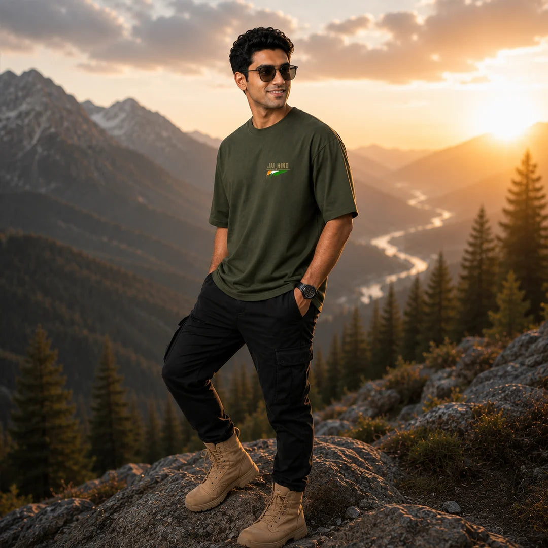 Men's Oversized Graphic T-Shirt - "Jai Hind" Military Tribute, 240 GSM Pure Cotton, Bio-Washed