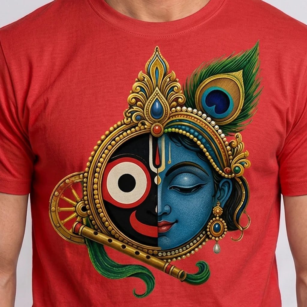 Men's Pure Cotton Lord Jagannath & Sri Krishna Fusion Graphic Printed T-Shirt
