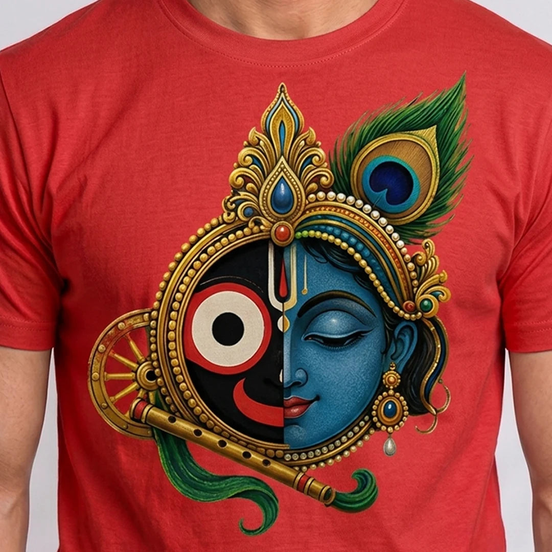 Men's Pure Cotton Lord Jagannath & Sri Krishna Fusion Graphic Printed T-Shirt