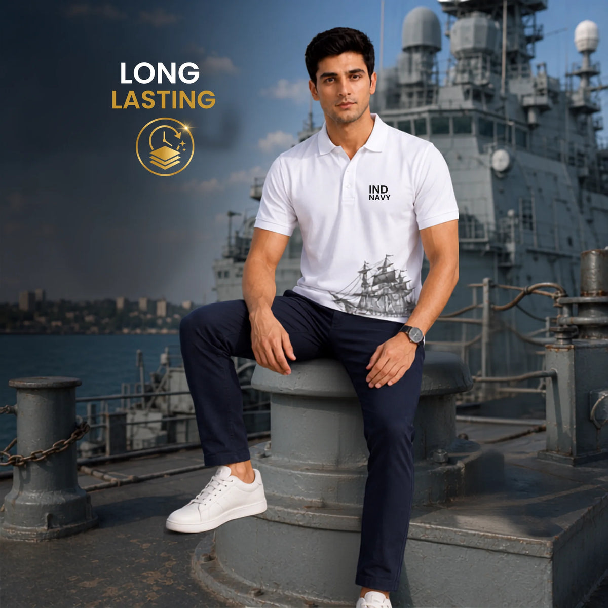 Excello Premium Indian Navy Tribute Polo T-Shirt | 210 GSM Nano Poly, Regular Fit