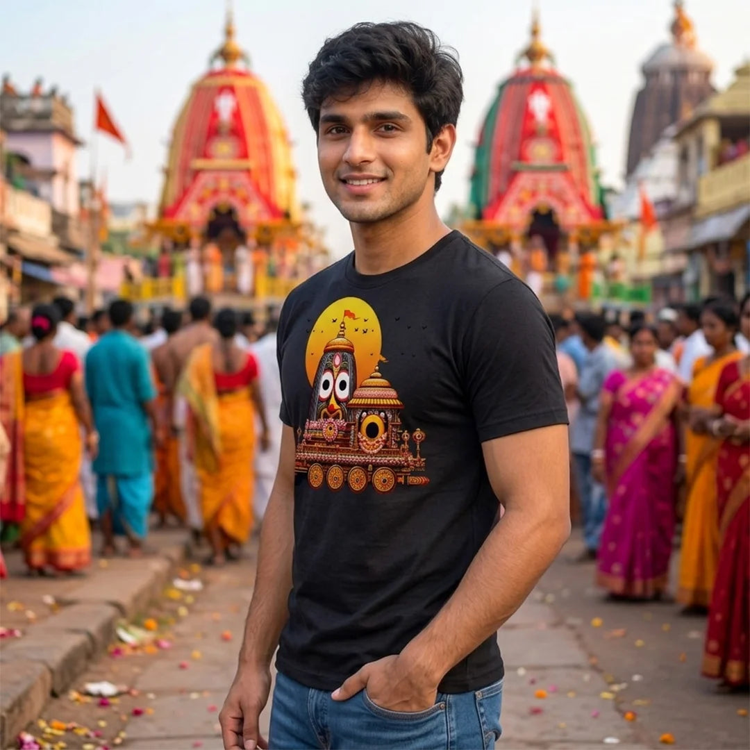 Premium Men's Pure Cotton Lord Jagannath Face & Rath Yatra Chariot Graphic T-Shirt