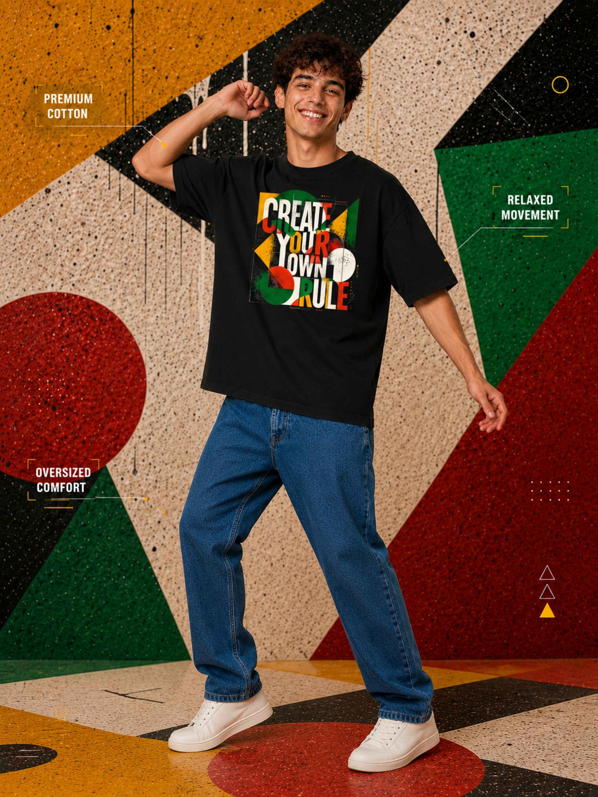 Excello Men's 'Create Your Own Rule' Abstract Graphic Oversized T-Shirt | Black