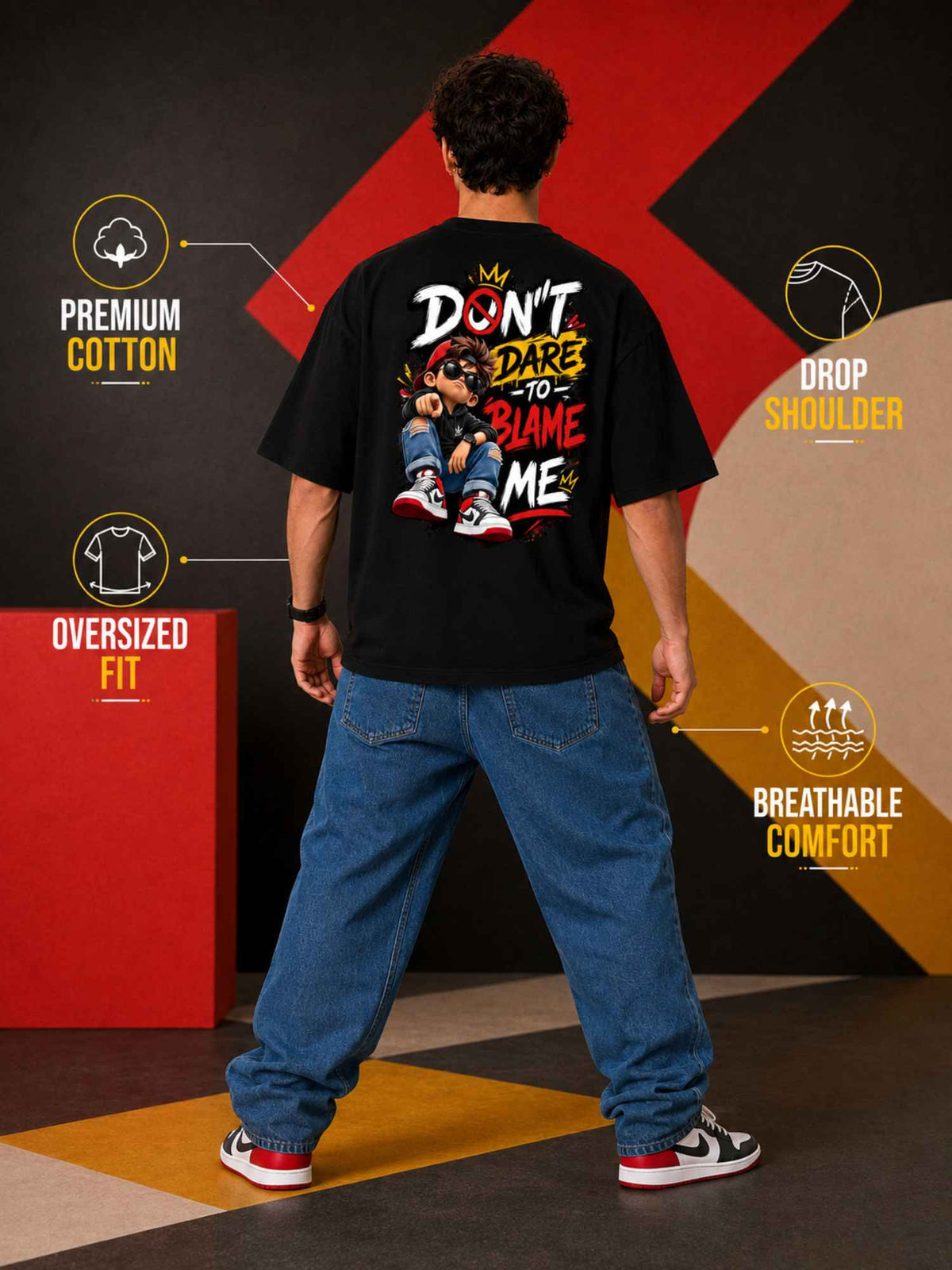 Excello Men's 'Don't Dare To Blame Me' Graphic Oversized T-Shirt | Black