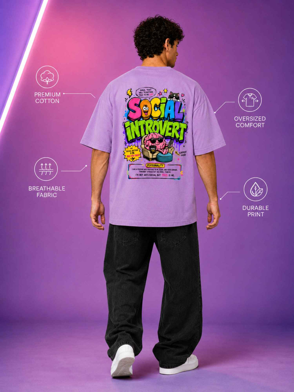 Excello Men's 'Social Introvert' Graphic Oversized T-Shirt | Lavender