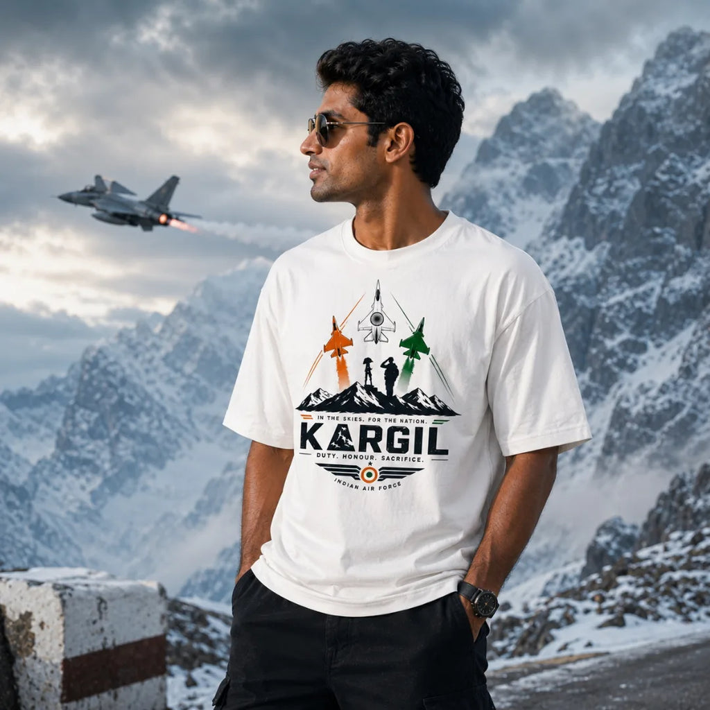 Men's Oversized Graphic T-Shirt - Kargil Indian Air Force Tribute, 240 GSM Pure Cotton, Bio-Washed