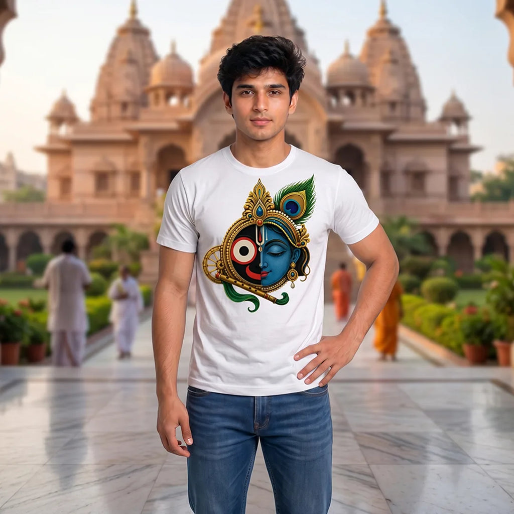 Men's Pure Cotton Lord Jagannath & Sri Krishna Fusion Graphic Printed T-Shirt