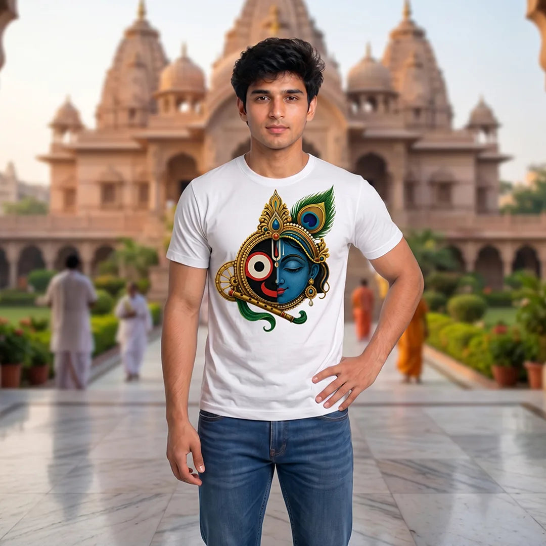 Men's Pure Cotton Lord Jagannath & Sri Krishna Fusion Graphic Printed T-Shirt
