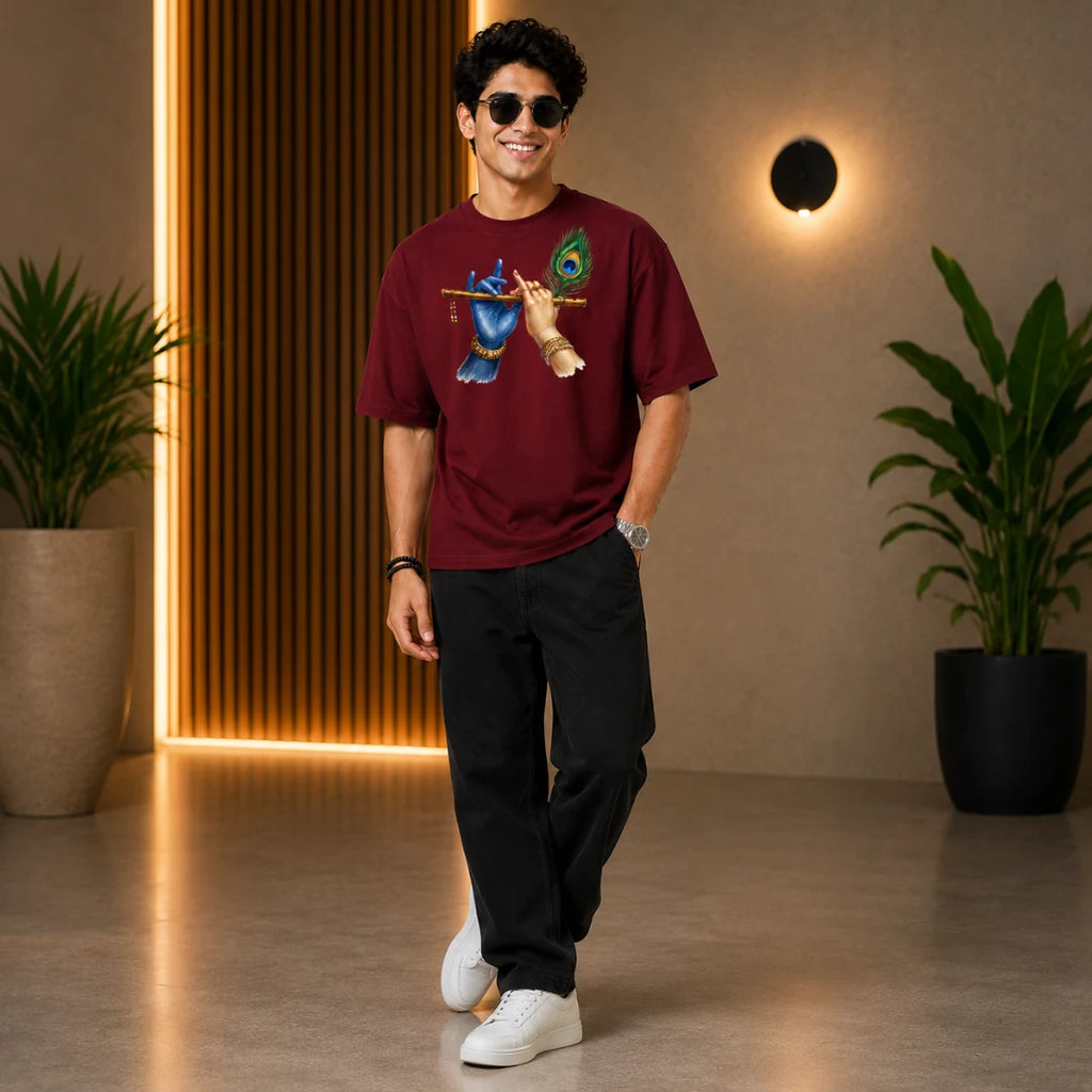 Excello Men's Divine Krishna Flute Graphic Oversized T-Shirt - 240 GSM Pure Cotton, Bio-Washed