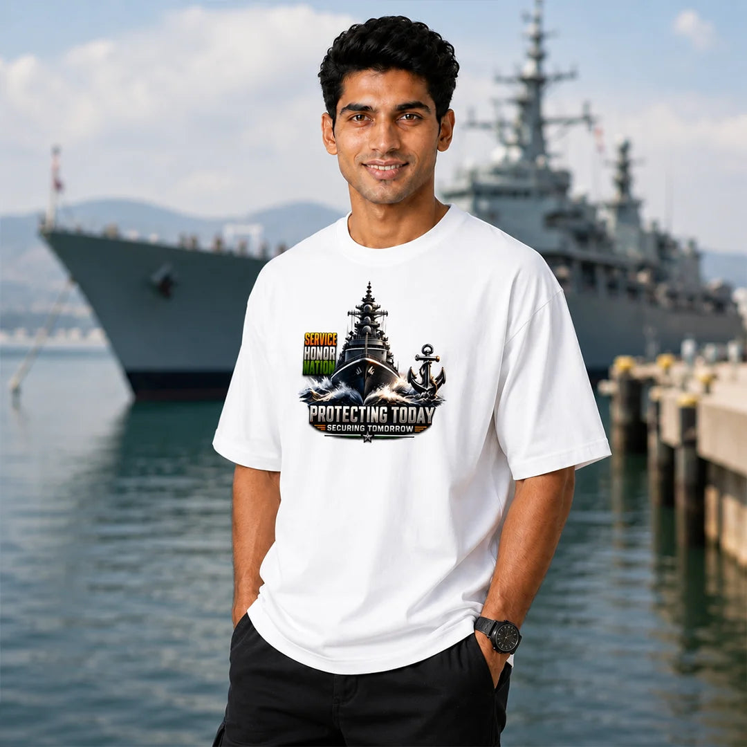 Indian Navy Warship Graphic Oversized T-Shirt - 240 GSM Pure Cotton