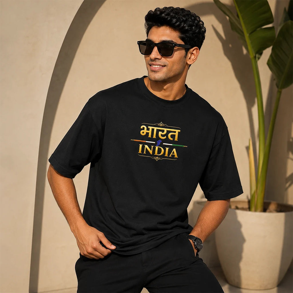 Men's "Bharat - India" Premium Oversized Graphic T-Shirt - 240 GSM Pure Cotton, Bio-Washed