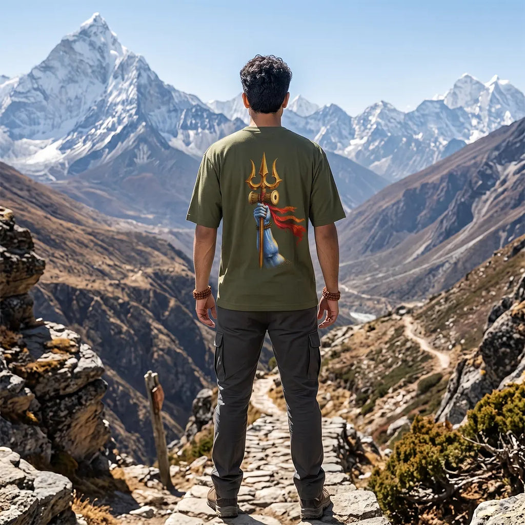 Men's Pure Cotton Oversized Printed T-Shirt | Lord Shiva Mahadev Trishul Graphic Print Drop Shoulder Loose Fit Crew Neck Tee