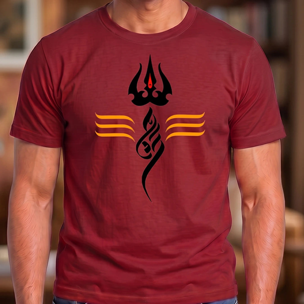 Men's Pure Cotton Regular Fit Mahadev Trishul Tilak Printed T-Shirt | 180 GSM Bio-Washed Spiritual Graphic Tee