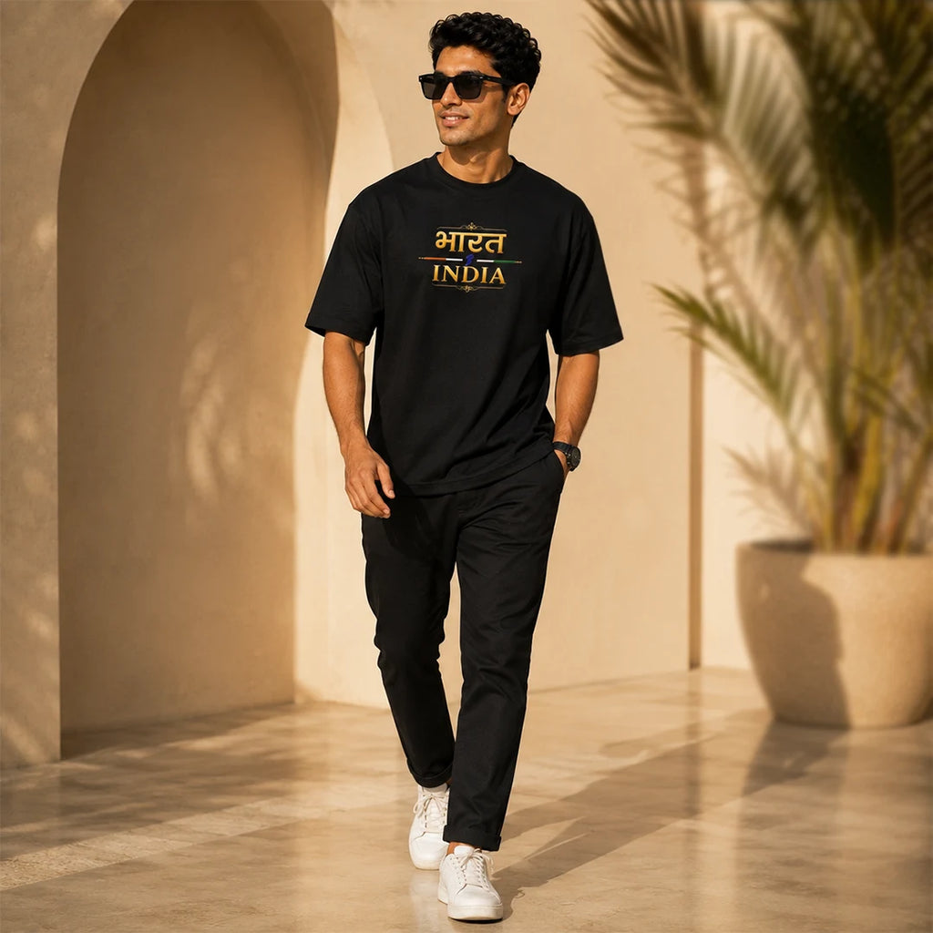 Men's "Bharat - India" Premium Oversized Graphic T-Shirt - 240 GSM Pure Cotton, Bio-Washed