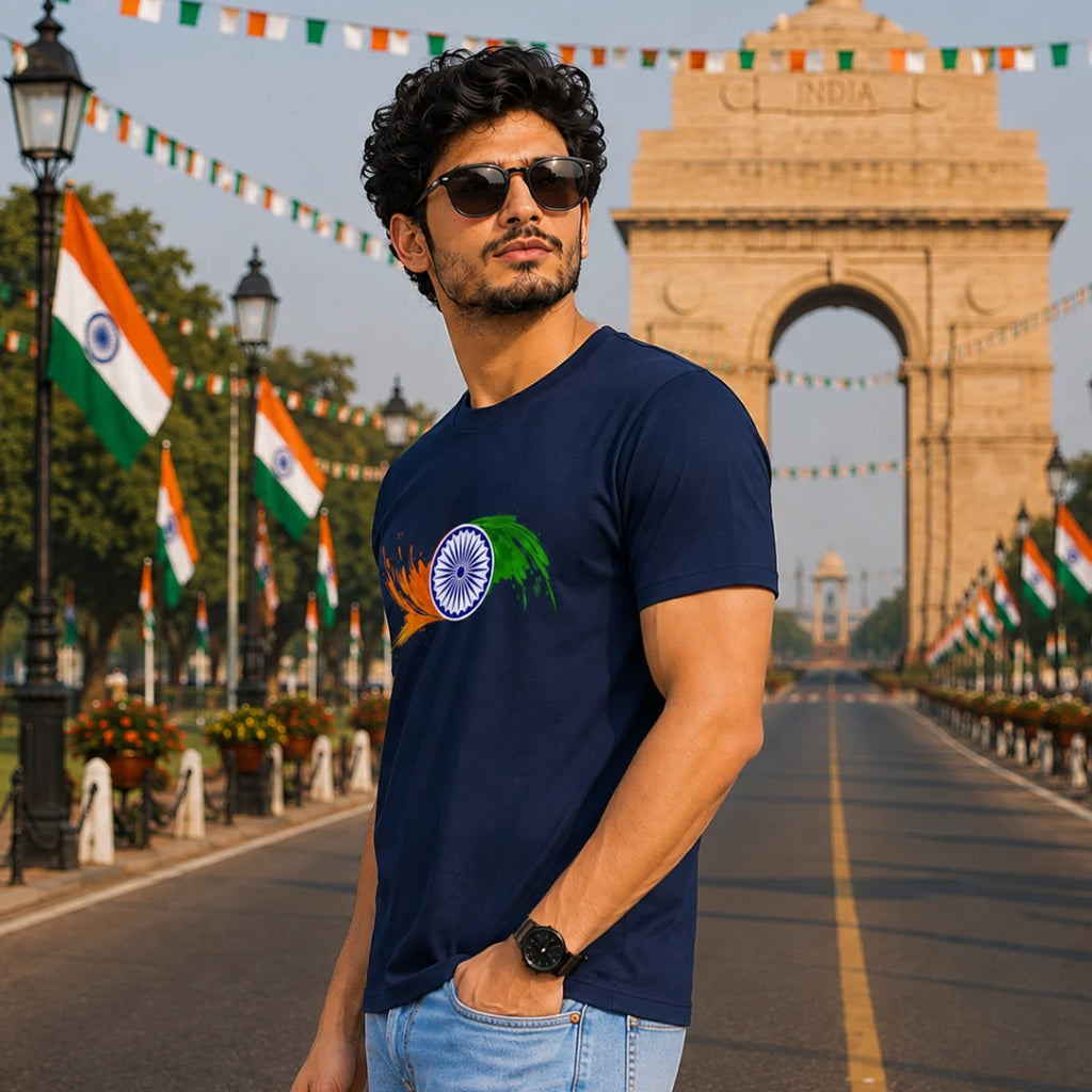 Premium Patriotic Ashoka Chakra T-Shirt | 180 GSM Pure Cotton, Bio-Washed Regular Fit