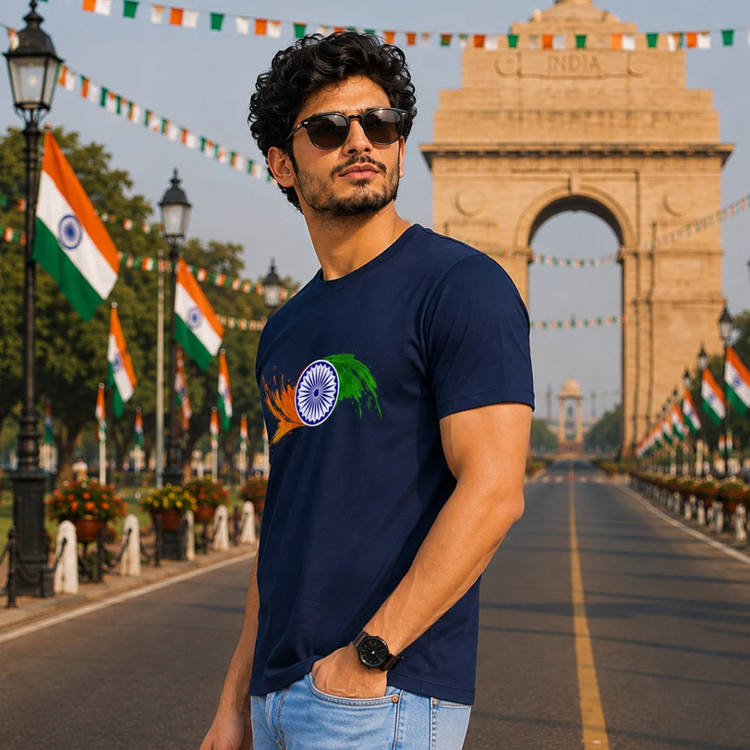 Premium Patriotic Ashoka Chakra T-Shirt | 180 GSM Pure Cotton, Bio-Washed Regular Fit