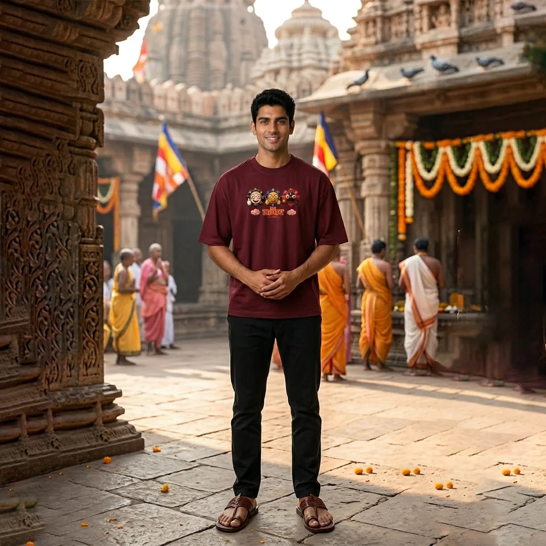 Divine Jagannath Trinity Print Oversized Streetwear T-Shirt – 240 GSM Heavyweight Pure Cotton