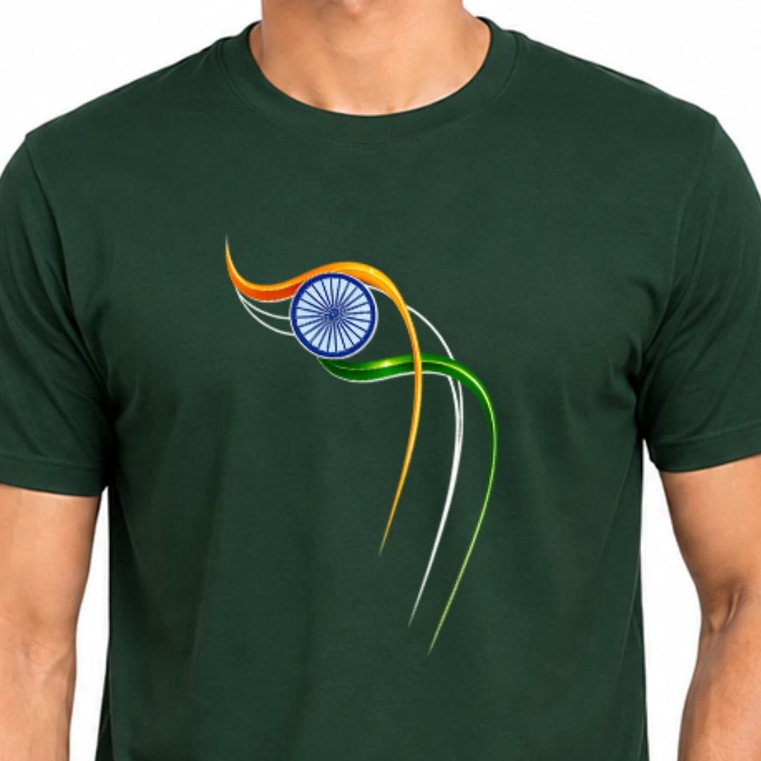 Excello Men's Patriotic Ashoka Chakra Graphic T-Shirt | 180 GSM Pure Cotton | Double Bio-Washed | Premium DTF Print
