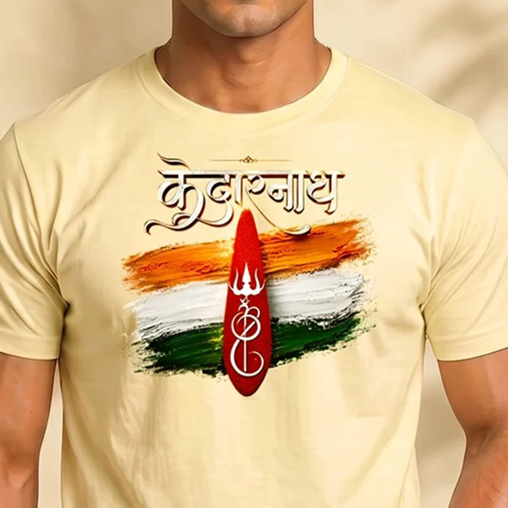 Men's Pure Cotton Regular Fit Kedarnath Tricolor Printed T-Shirt | 180 GSM Bio-Washed Spiritual Graphic Tee