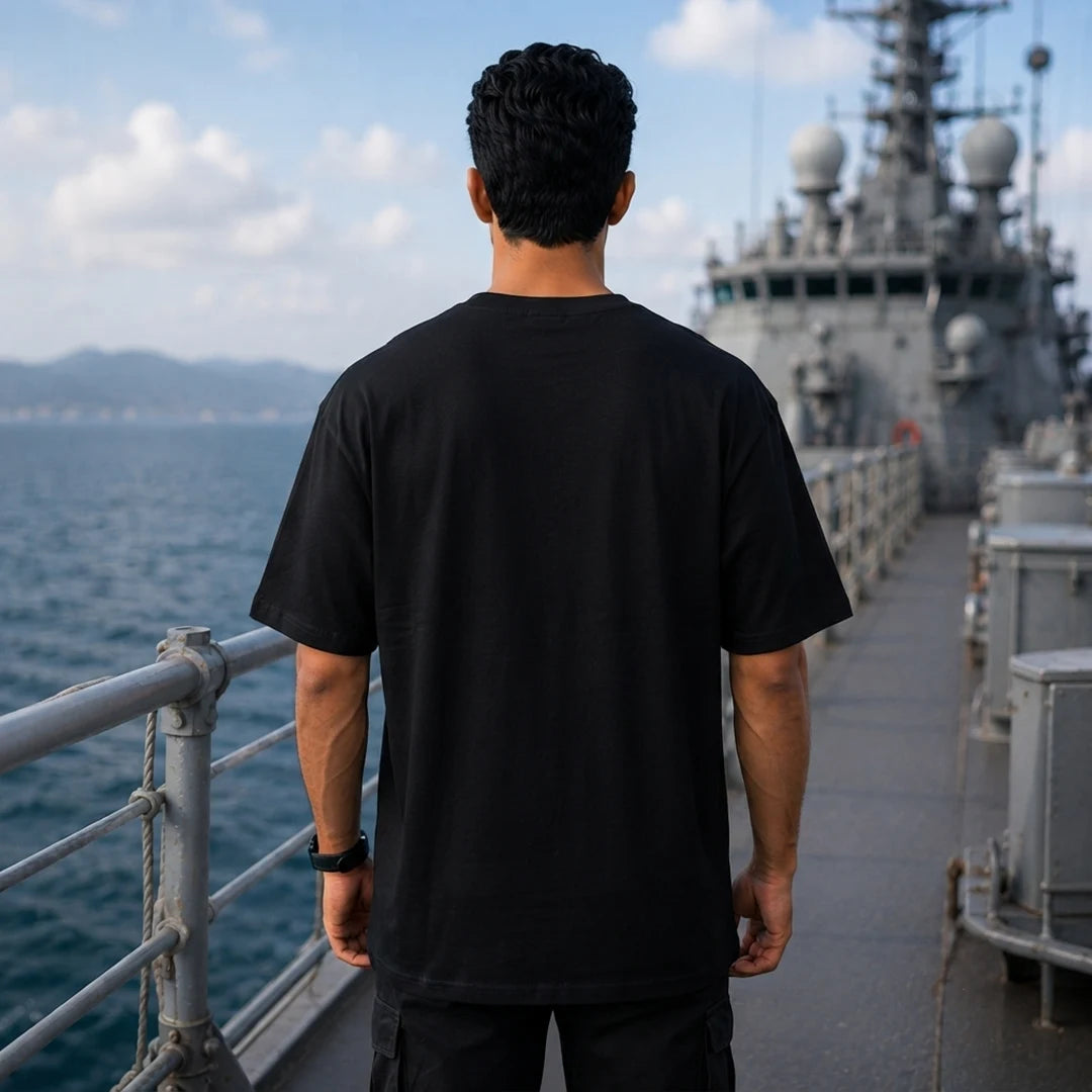 Indian Navy Warship Graphic Oversized T-Shirt - 240 GSM Pure Cotton