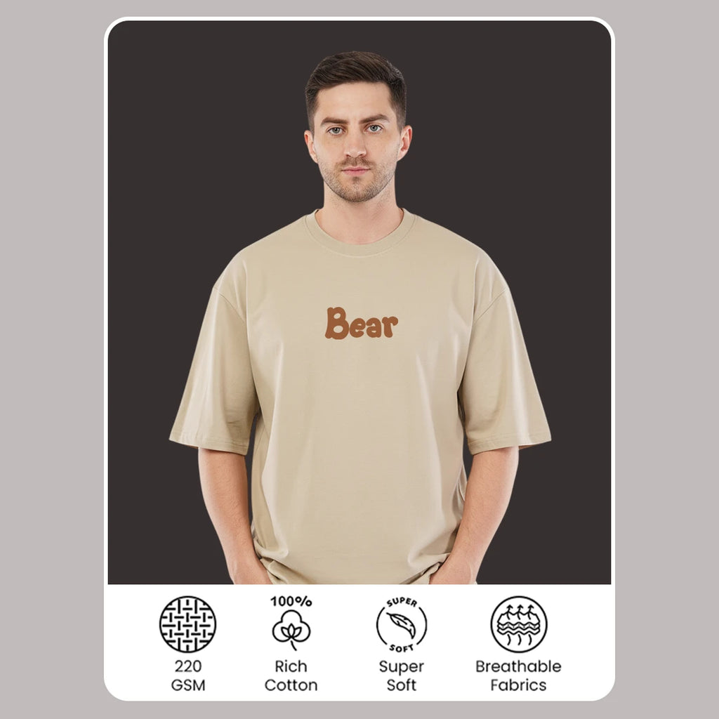 'Bear' Artistic Graphic Oversized Tee - 100% Rich Cotton | Dark Beige